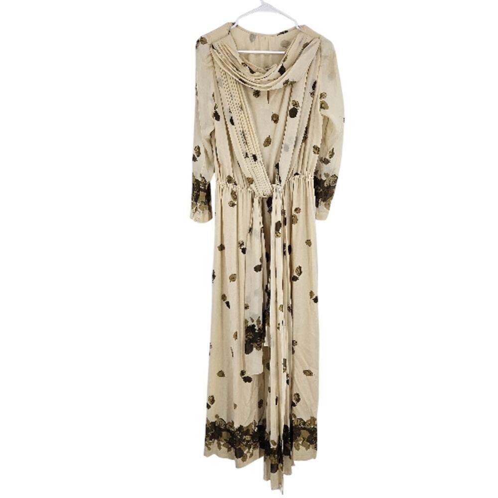 Vintage 70s Custom Made Dress Cream Green Silk Leaf Print Pleated Maxi Size M